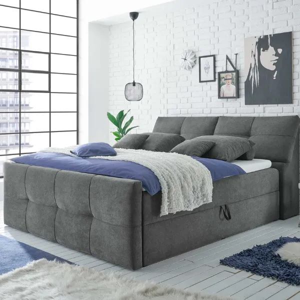 Lit boxspring Fitzroy 180x200cm avec espace de rangement - gris foncé