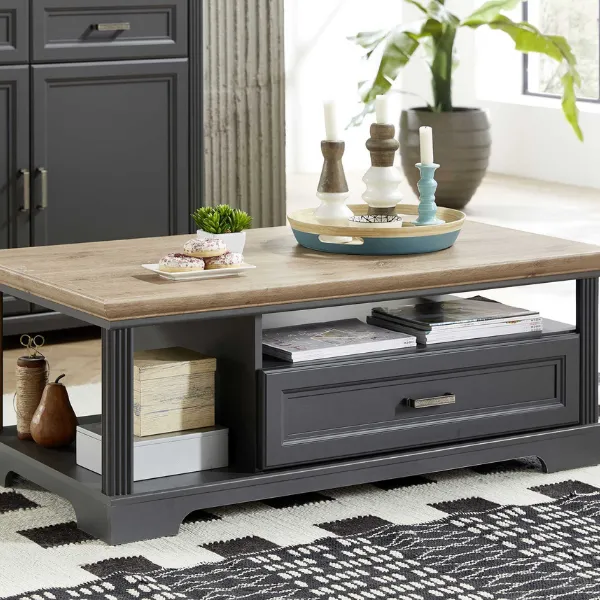 Table basse Samine 1 tiroir & 2 niches - graphite/chêne