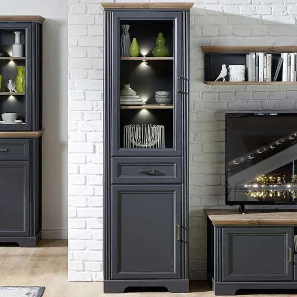 Vitrine Samine 66cm 2 portes & 1 tiroir - graphite/chêne