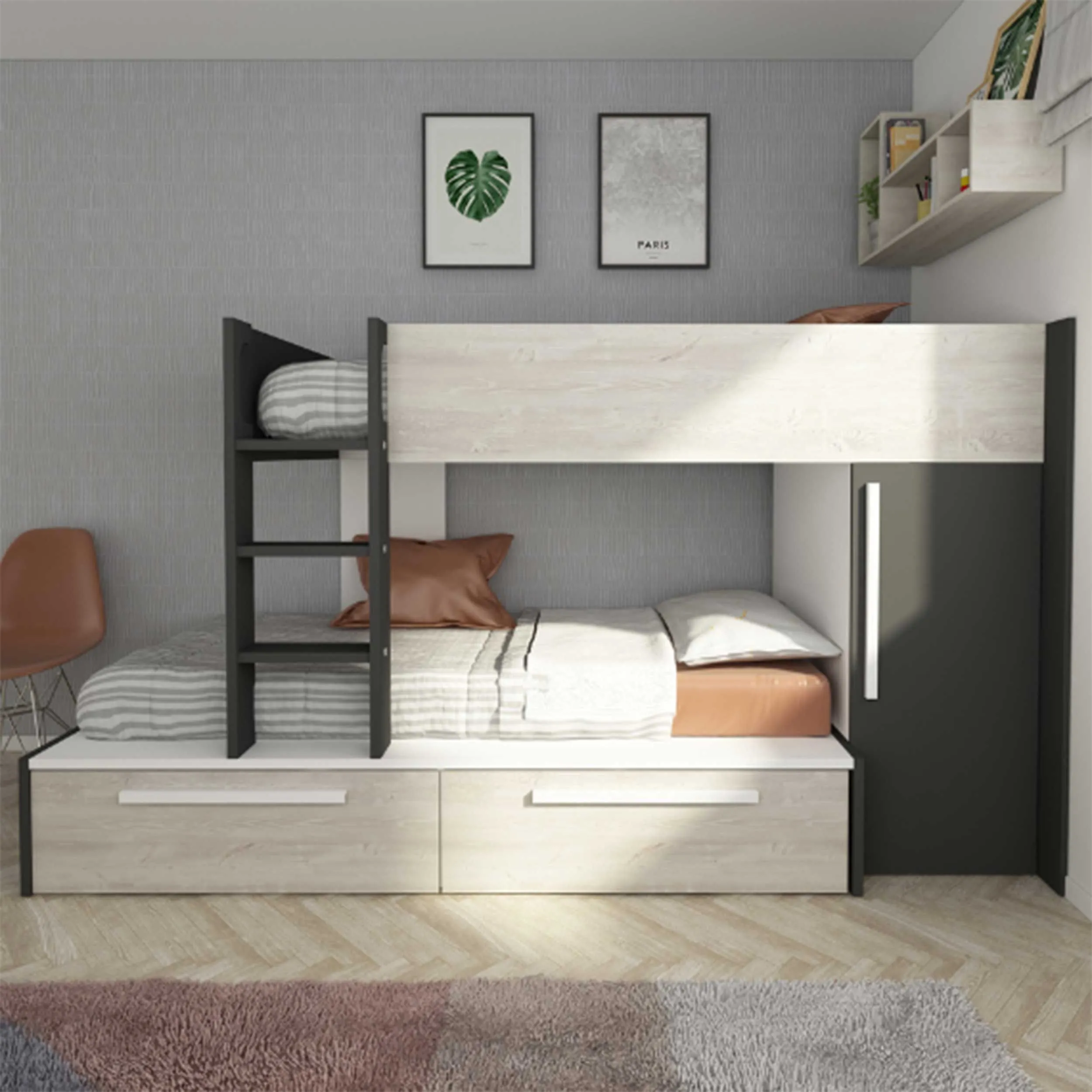 Lit superposé Fleur avec armoire et tiroirs - gris