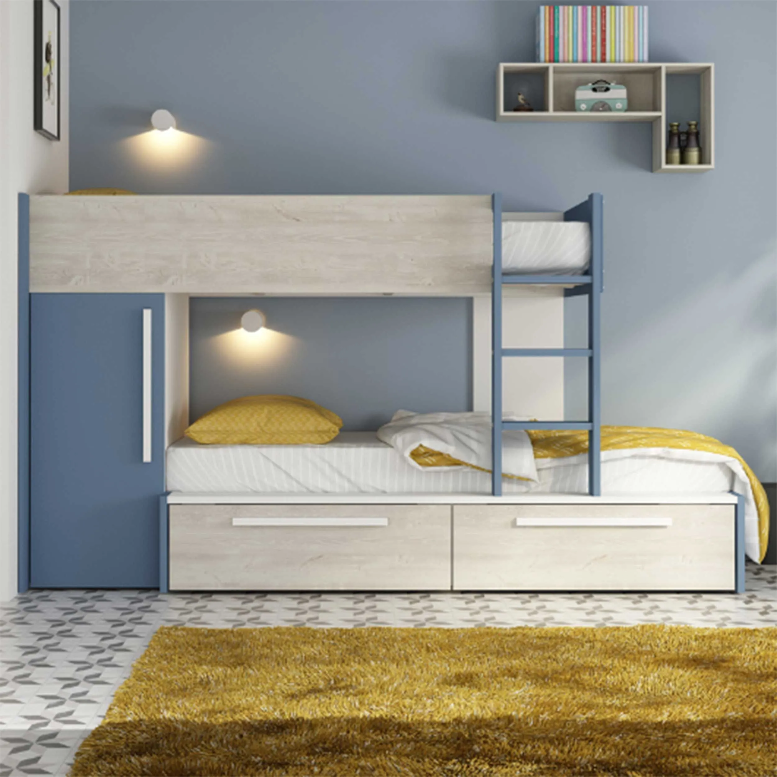 Lit superposé Fleur avec armoire et tiroirs - bleu