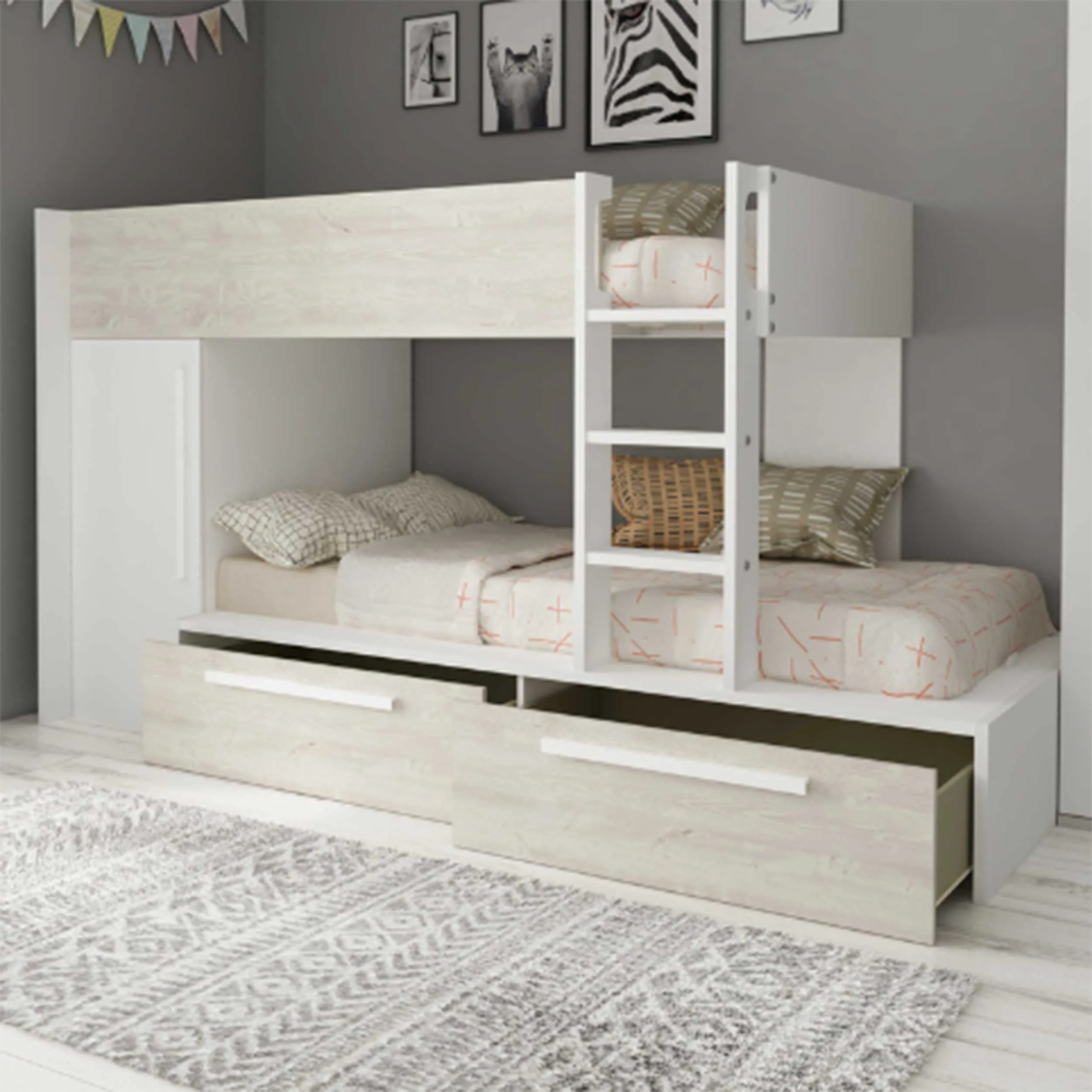 Lit superposé Fleur avec armoire et tiroirs - blanc