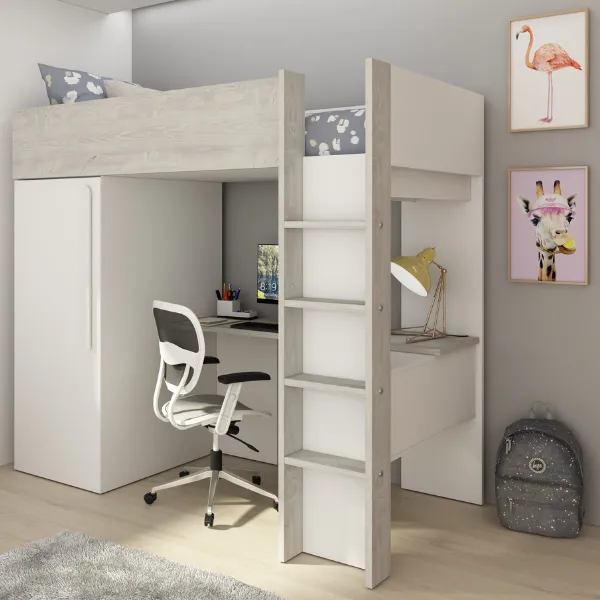 Dormant haut Bo9 90x200 cm avec bureau et armoire - blanc