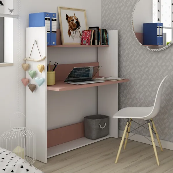 Armoire avec bureau Bo0 - blanc/ vieux rose