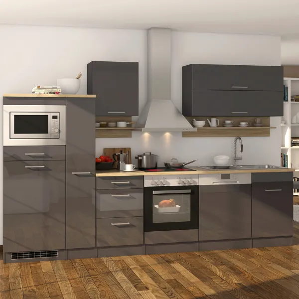 Kitchenette Ragnar 310cm avec espace pour micro-ondes, réfrigérateur, four et lave-vaisselle - anthracite brillant