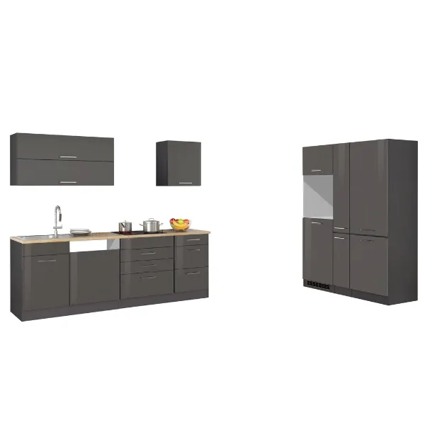 Kitchenette Ragnar 390cm avec espace pour réfrigérateur-congélateur, lave-vaisselle et four - anthracite brillant