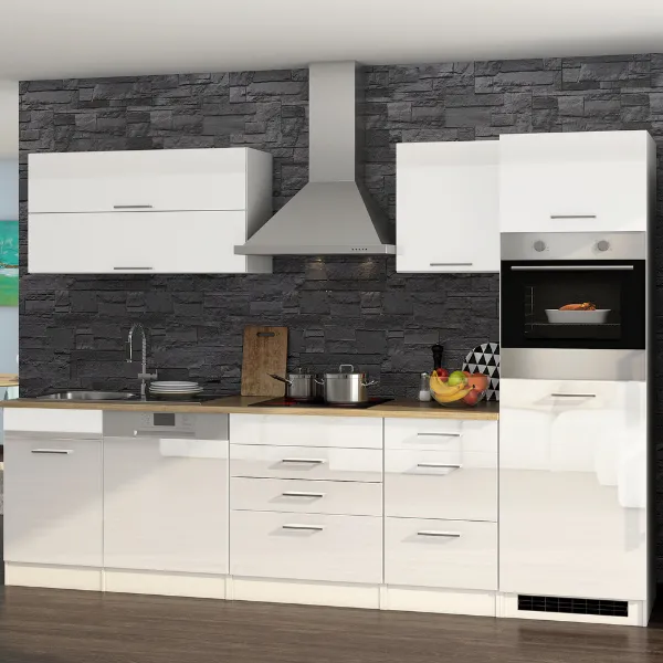 Kitchenette Ragnar 300cm avec four, réfrigérateur et lave-vaisselle - blanc brillant