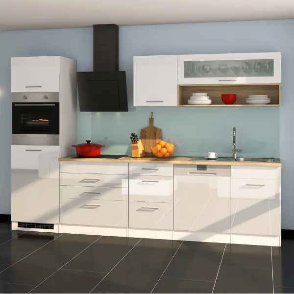 Kitchenette Ragnar 300cm avec lave-vaisselle, four et réfrigérateur - blanc brillant