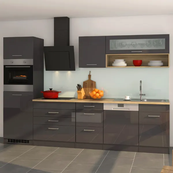 Kitchenette Ragnar 300cm avec lave-vaisselle, four et réfrigérateur - anthracite brillant