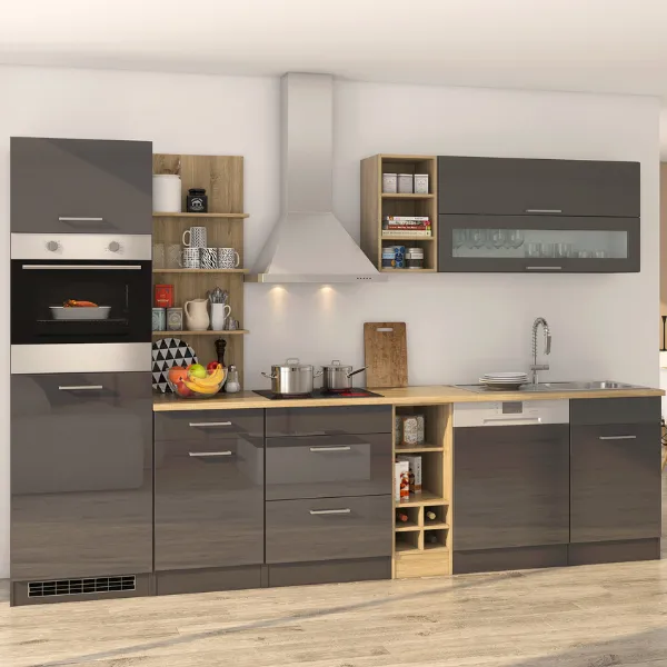 Kitchenette Ragnar 310cm avec lave-vaisselle, four et réfrigérateur - anthracite brillant