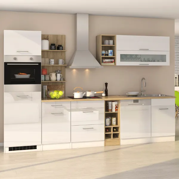 Kitchenette Ragnar 310cm avec lave-vaisselle, four et réfrigérateur - blanc brillant