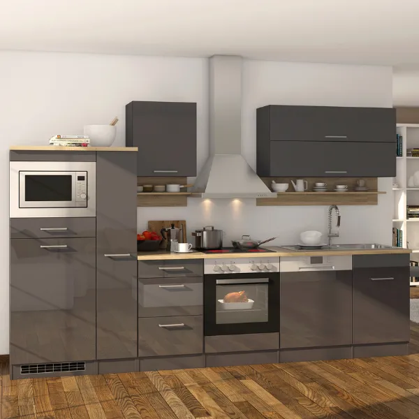 Kitchenette Ragnar 310cm avec micro-ondes, réfrigérateur, four et lave-vaisselle - anthracite brillant