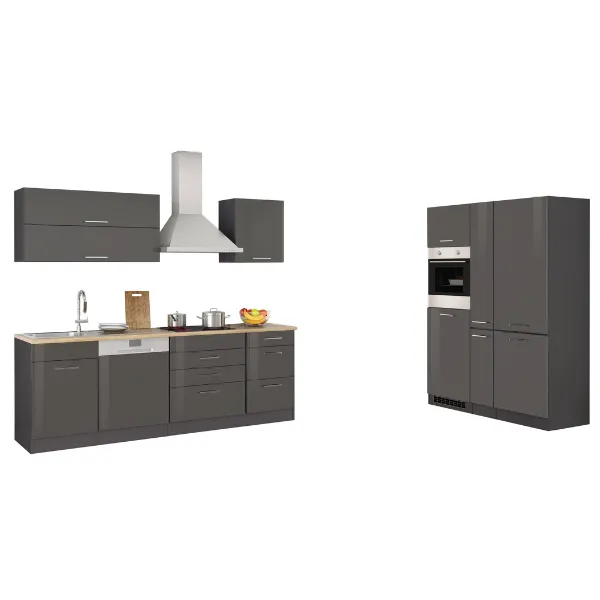 Kitchenette Ragnar 390cm avec réfrigérateur-congélateur, lave-vaisselle et four - anthracite brillant