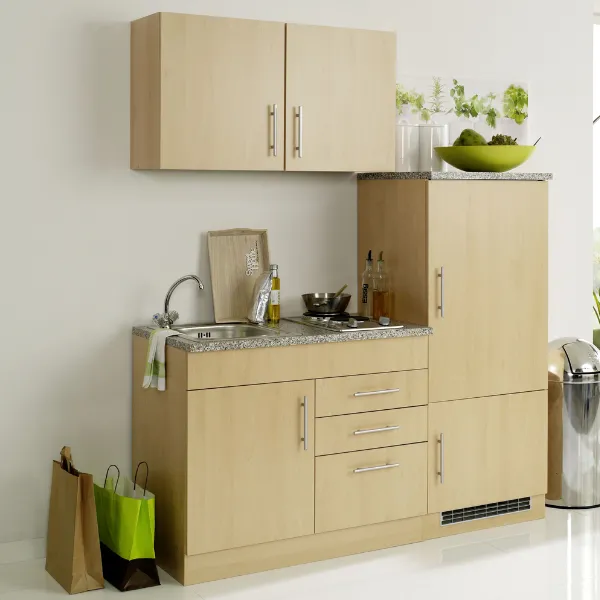 Kitchenette Toto 160cm avec plaque de cuisson et réfrigérateur - hêtre/marbre