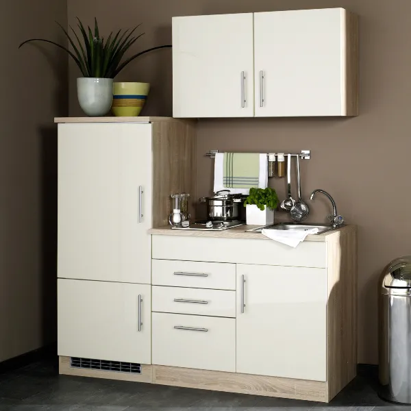 Kitchenette Toto 160cm avec plaque de cuisson et réfrigérateur - crème brillant