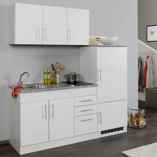 Kitchenette Toto 180cm avec plaque de cuisson et réfrigérateur - blanc/marbre