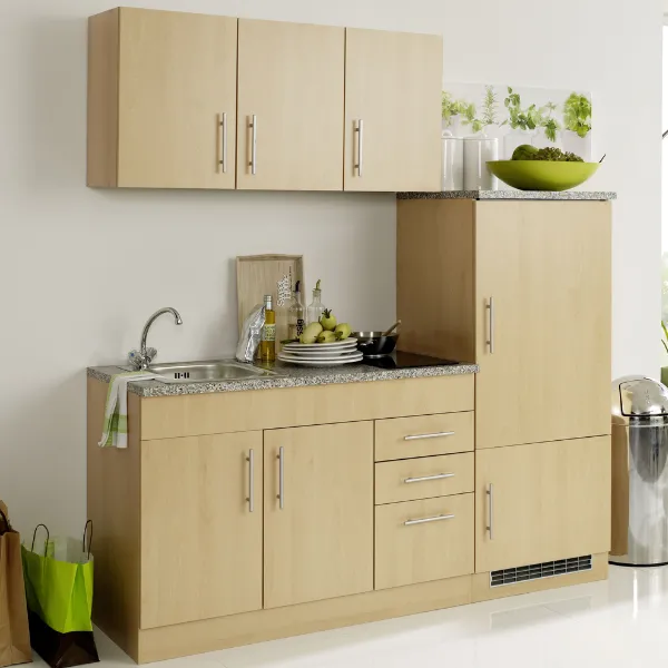 Kitchenette Toto 180cm avec plaque de cuisson et réfrigérateur - hêtre/marbre