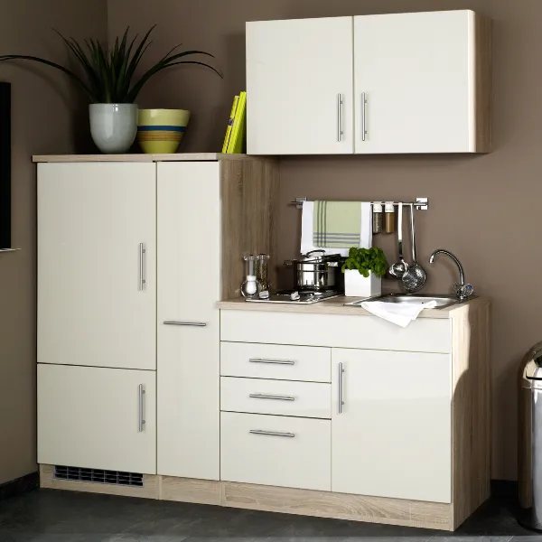 Kitchenette Toto 190cm avec plaque de cuisson et réfrigérateur - crème brillant