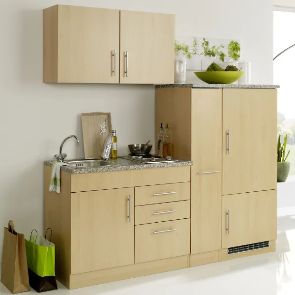 Kitchenette Toto 190cm avec plaque de cuisson et réfrigérateur - hêtre/marbre
