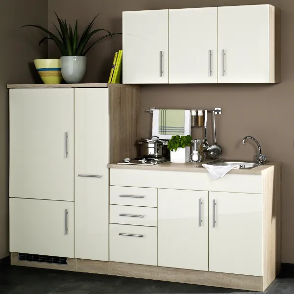 Kitchenette Toto 210cm avec plaque de cuisson et réfrigérateur - crème brillant