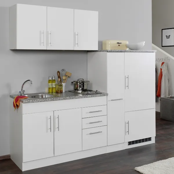 Kitchenette Toto 210cm avec plaque de cuisson et réfrigérateur - blanc/marbre