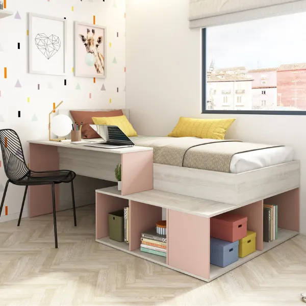 Lit Quinn 90x200 cm avec bureau et rangement - pin/rose vieux