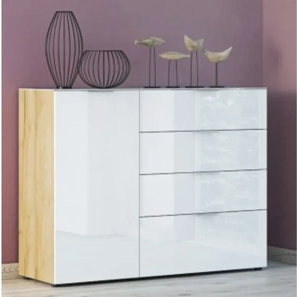 Bahut Dudek 134cm avec 4 tiroirs & 1 porte - blanc/chêne