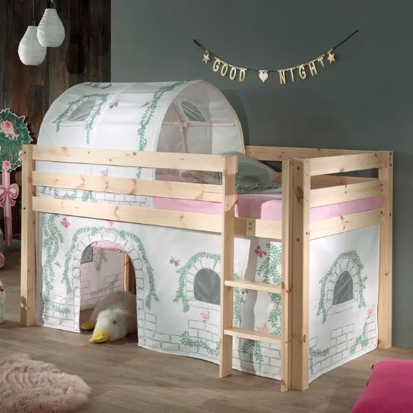 Lit mi-hauteur Charlotte avec tente et tunnel de lit Birdy - bois de pin