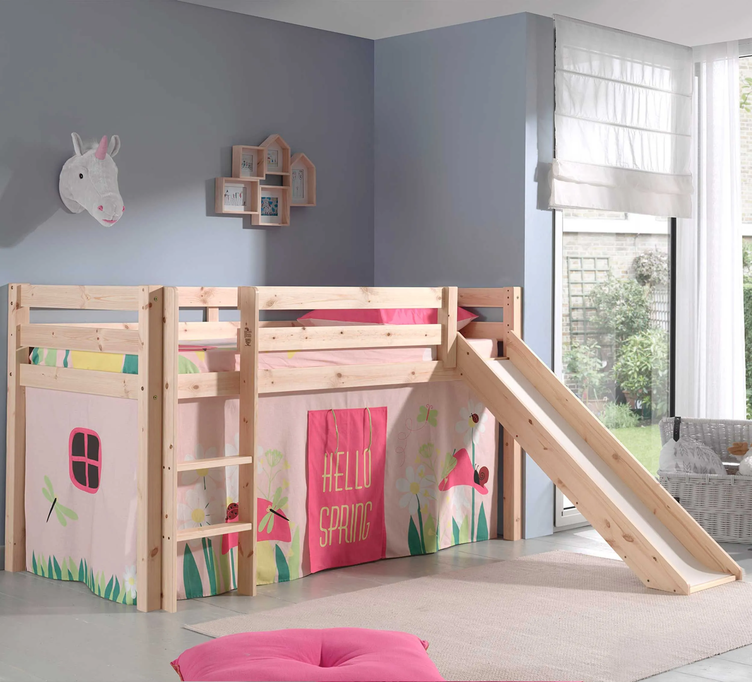 Lit mi-hauteur Astrid avec toboggan & tente de lit Spring - bois de pin