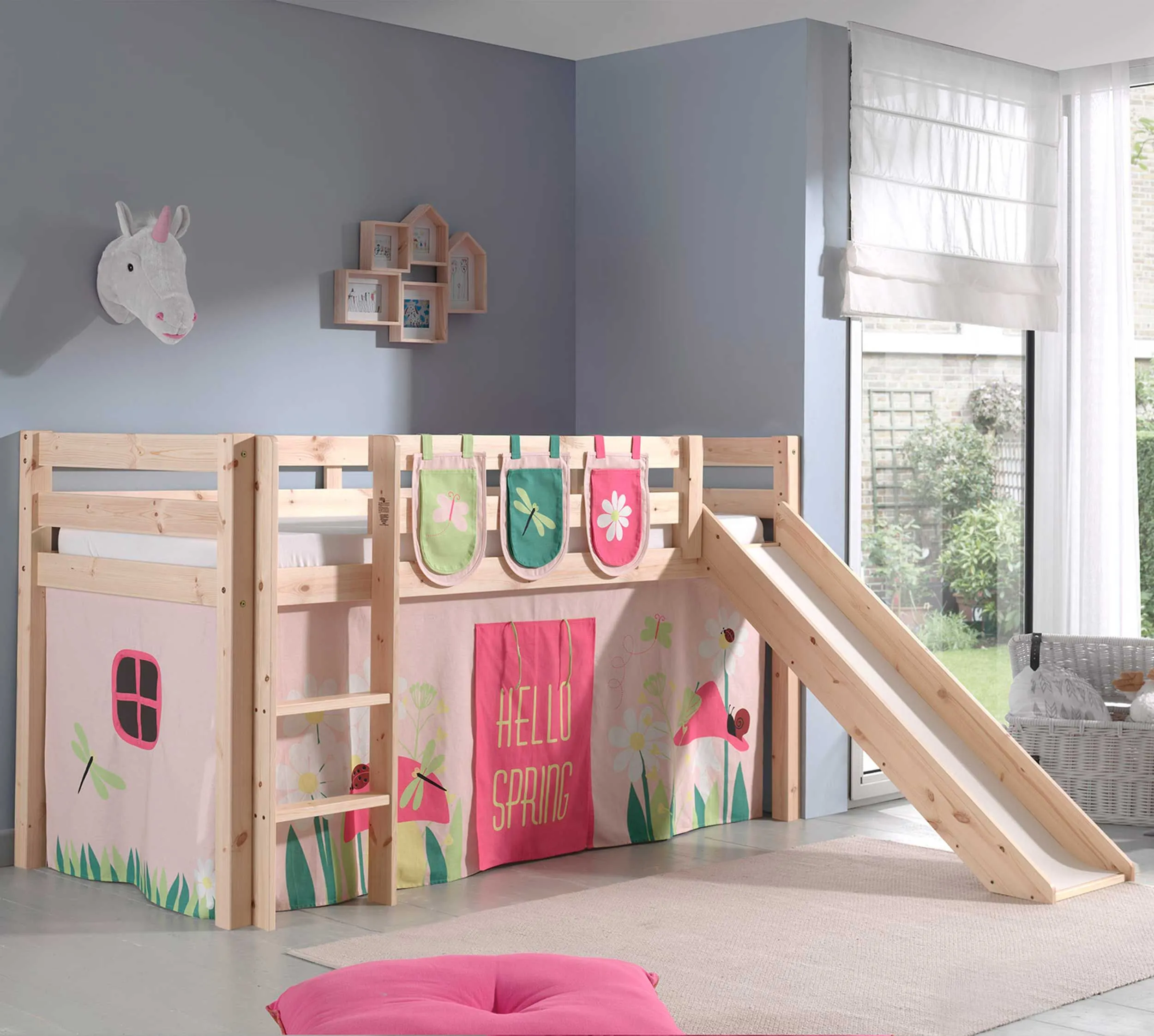 Lit mi-hauteur avec toboggan Astrid avec tente et sacs de rangement Spring - bois de pin