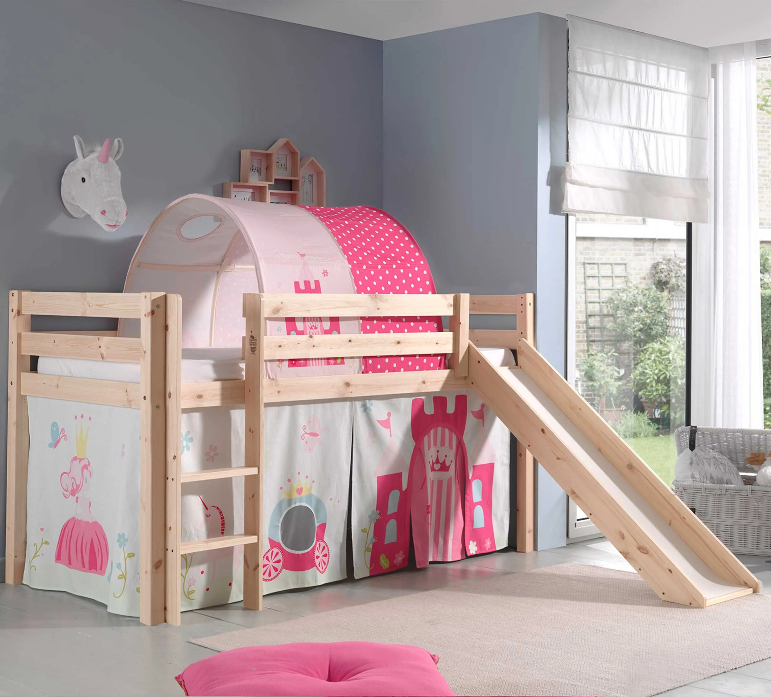 Lit mi-hauteur Astrid avec tente et tunnel de lit Princess II - bois de pin