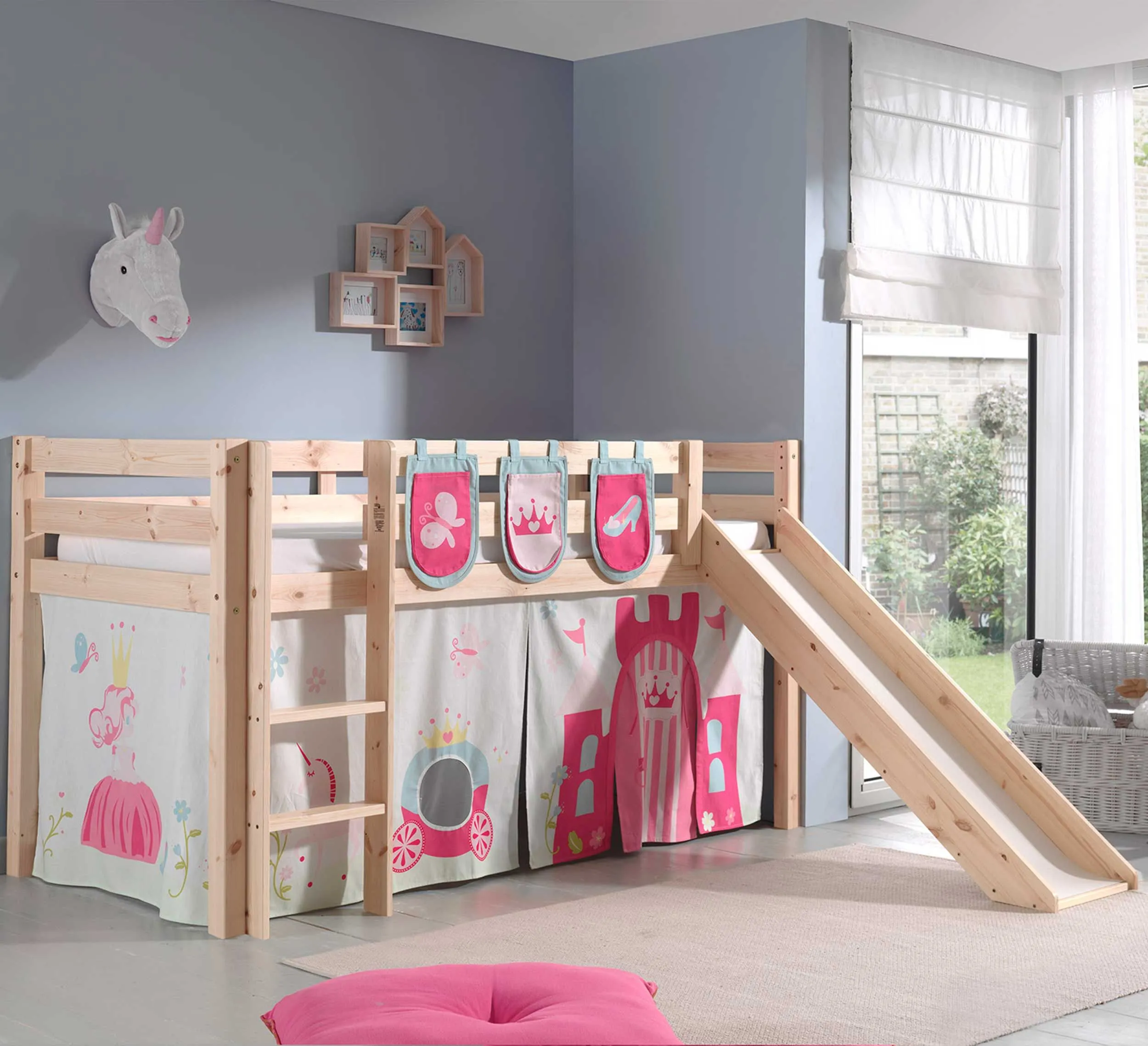 Lit mi-hauteur avec toboggan Astrid avec tente et sacs de rangement Princess II - bois de pin