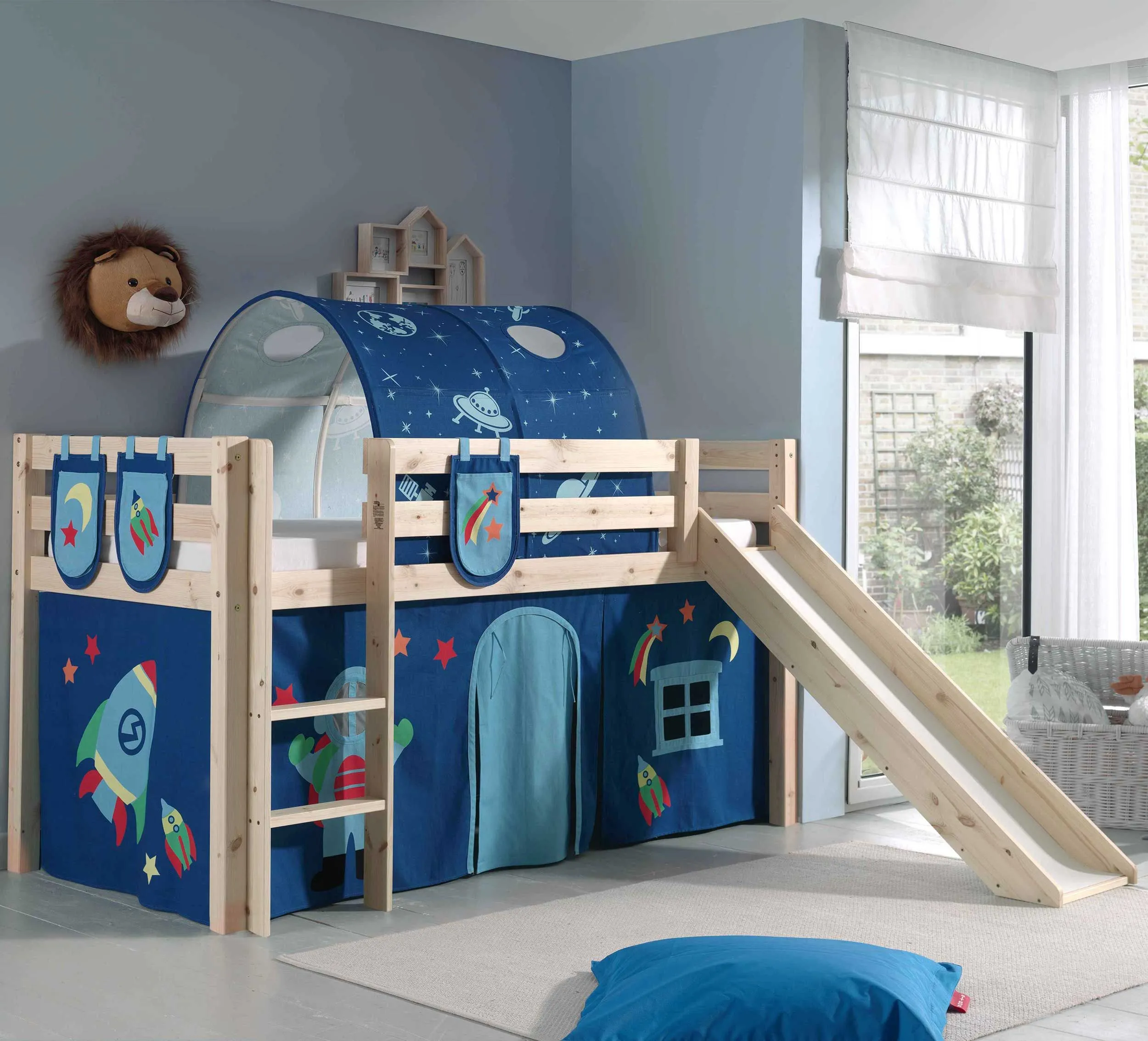 Lit mi-hauteur avec toboggan Astrid avec tente et tunnel de lit et sacs de rangement Astro - pin