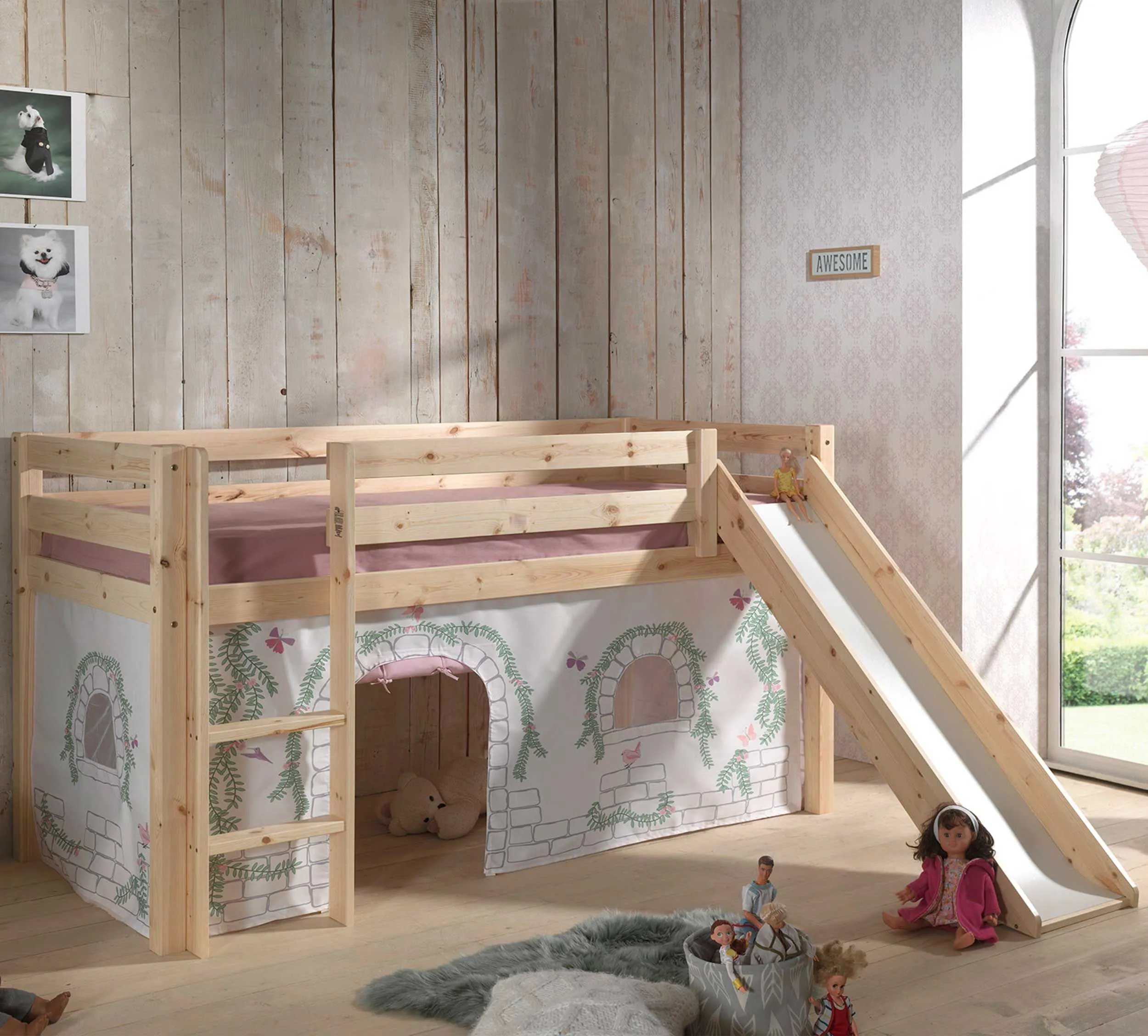 Lit mi-hauteur avec toboggan Astrid avec tente de lit Birdy - bois de pin