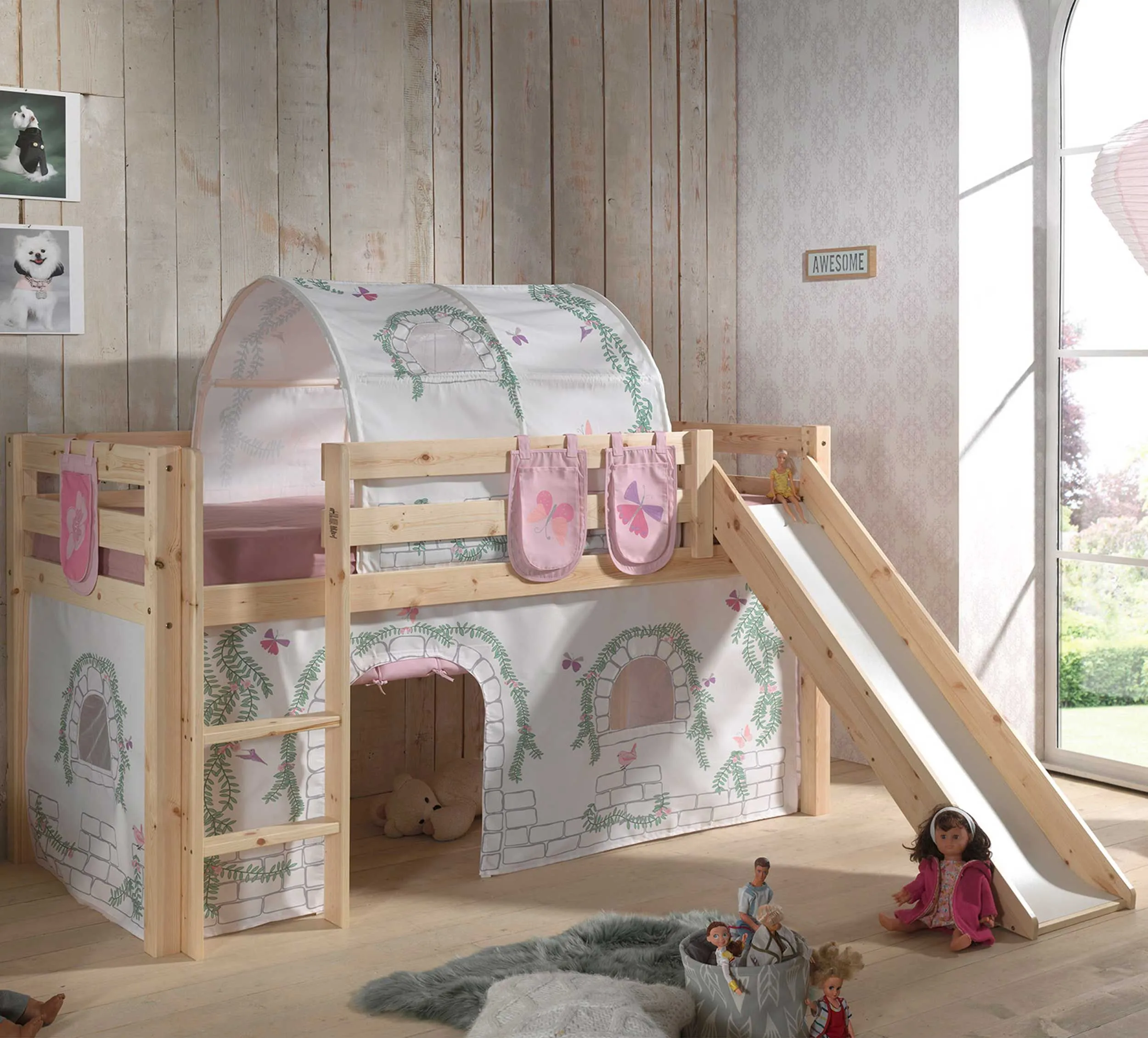 Lit mi-hauteur avec toboggan Astrid avec tente et tunnel de lit et sacs de rangement Birdy - bois de pin