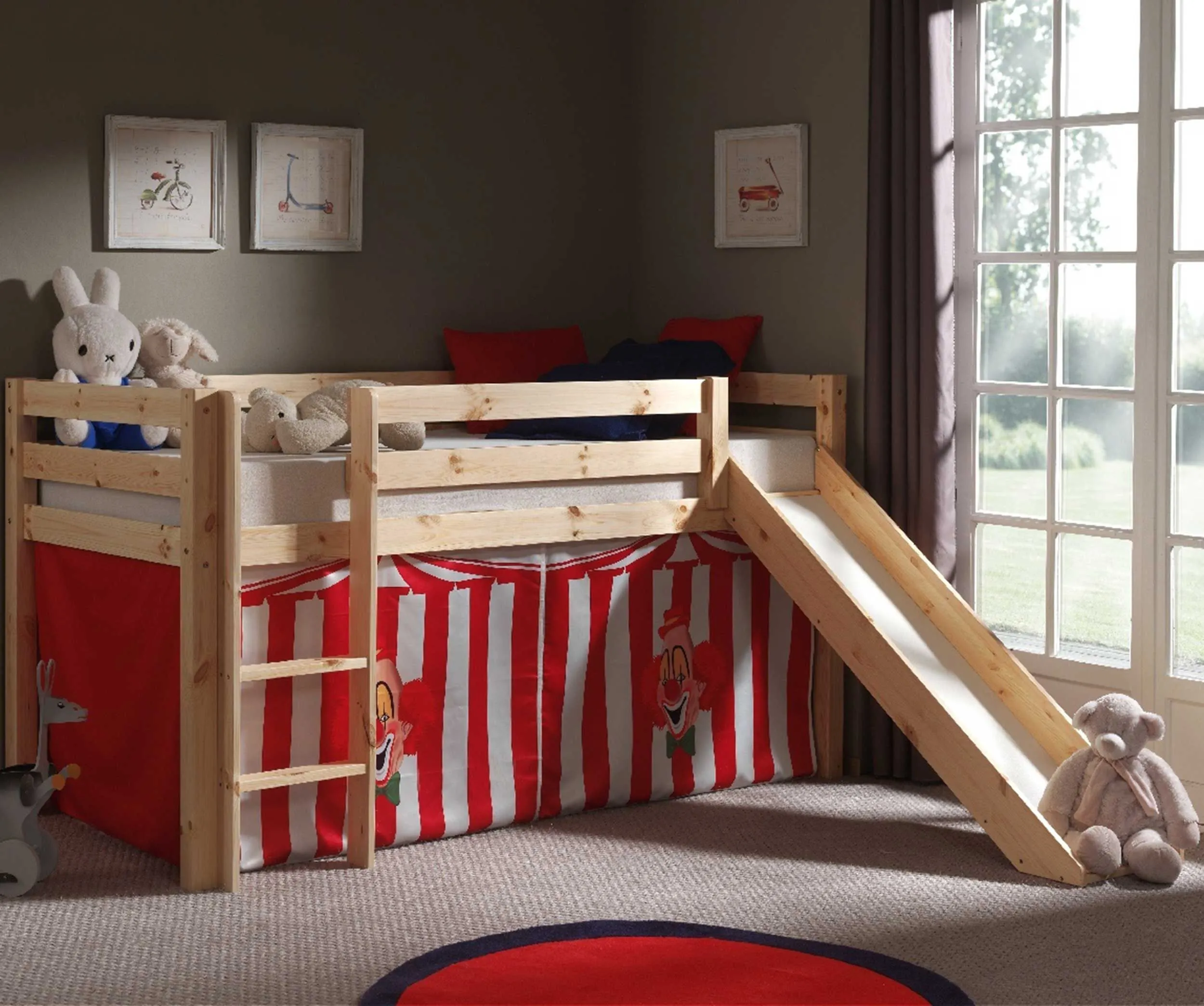 Lit mi-hauteur Astrid avec toboggan & tente de lit Cirque - bois de pin