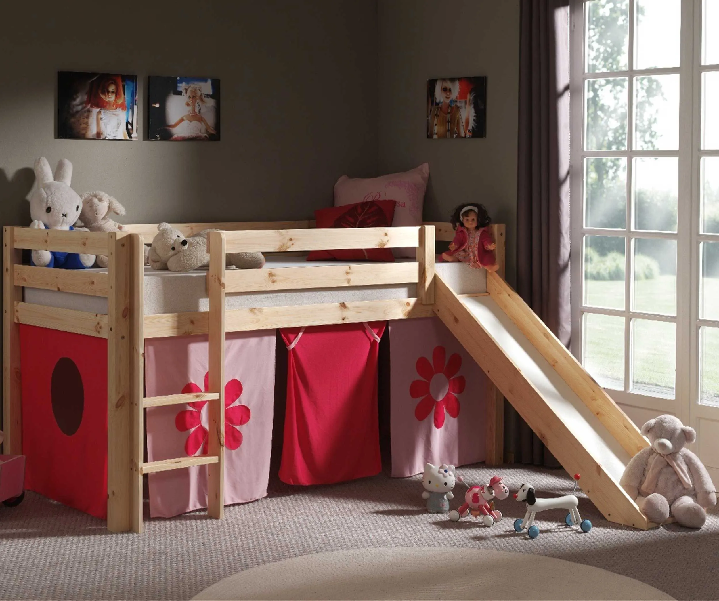 Lit mi-hauteur Astrid avec toboggan & tente de lit Fleurs - bois de pin
