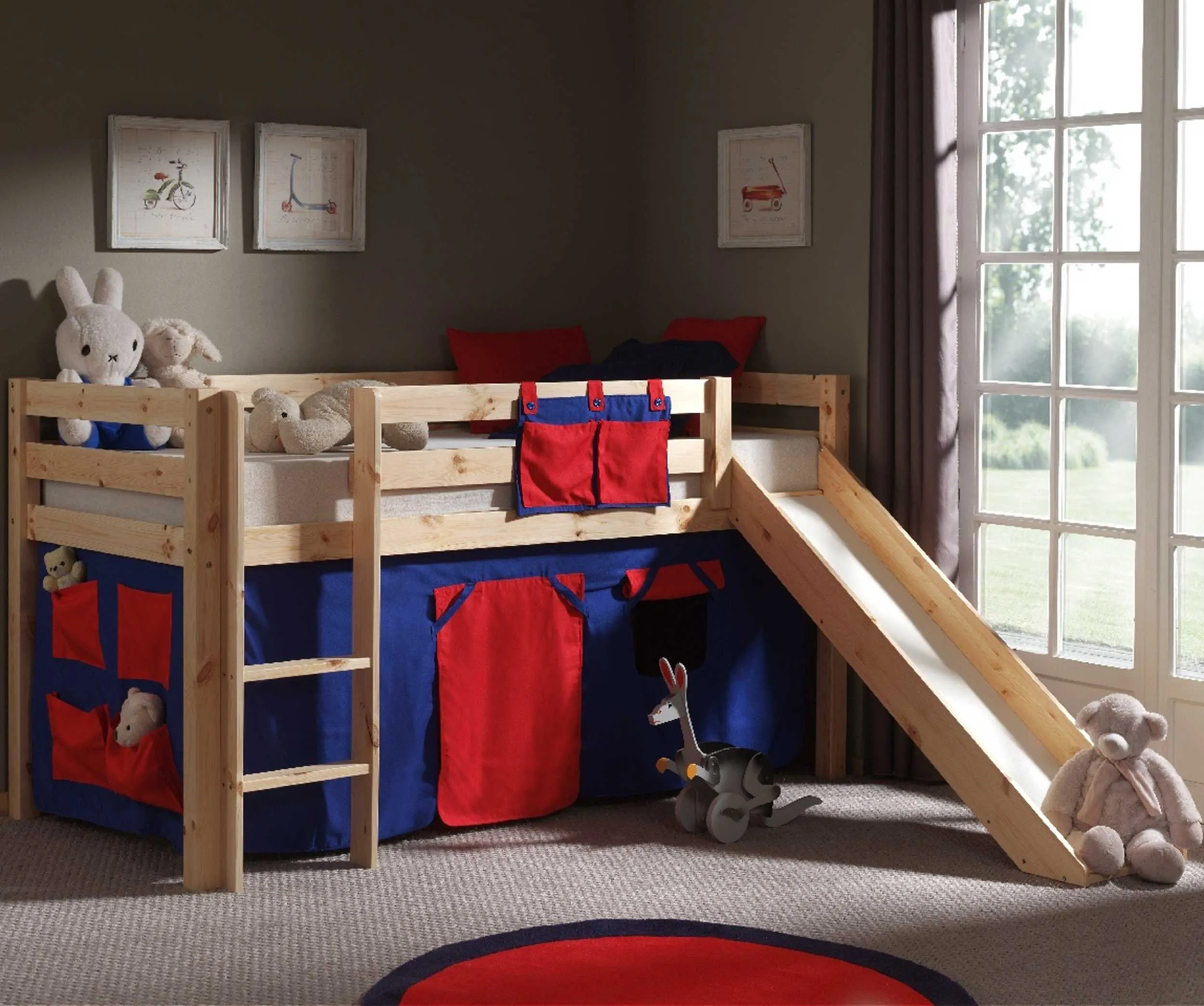 Lit mi-hauteur Astrid avec toboggan & tente de lit Domino - bois de pin
