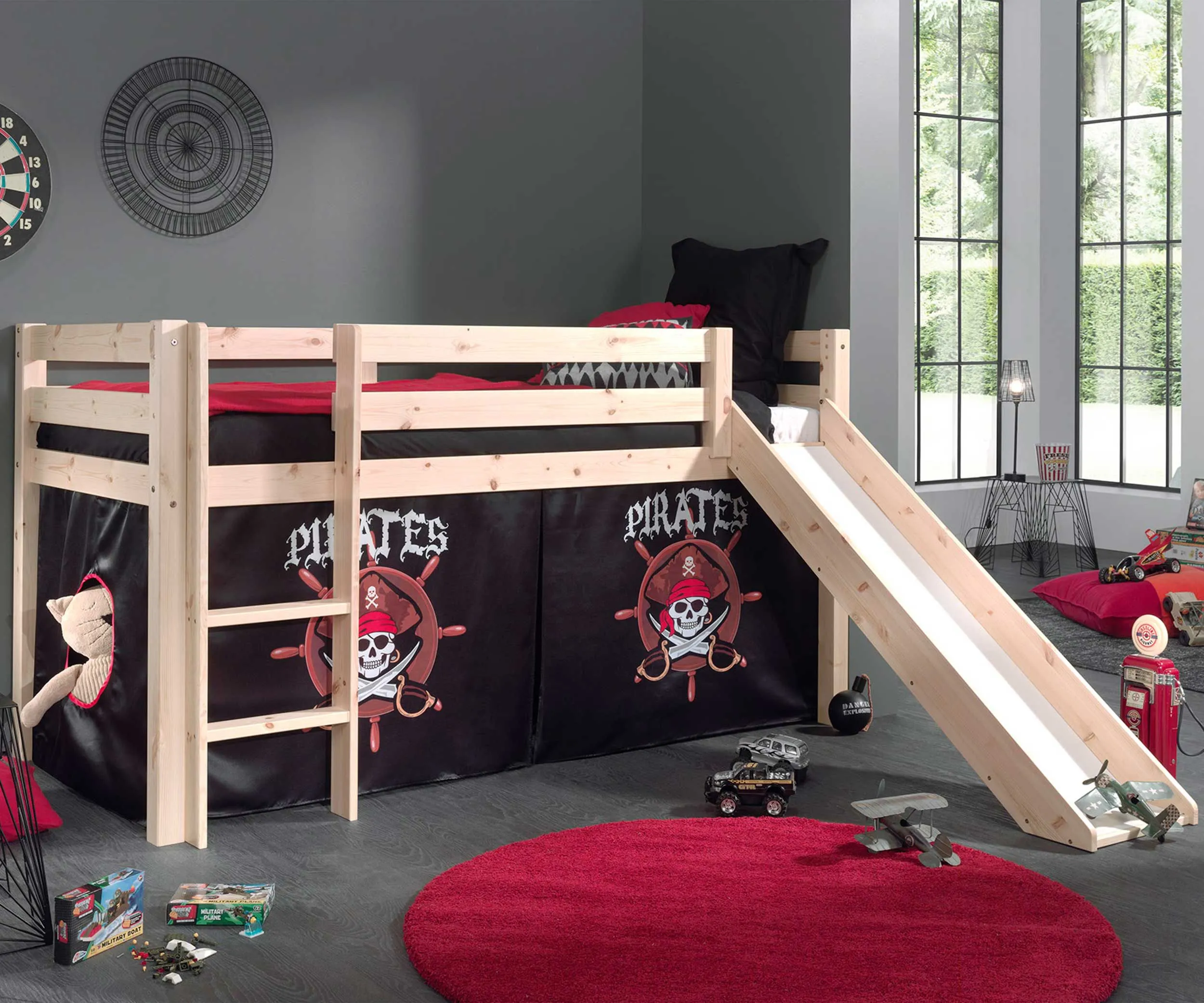 Lit mi-hauteur Astrid avec toboggan & tente de lit Pirates - bois de pin