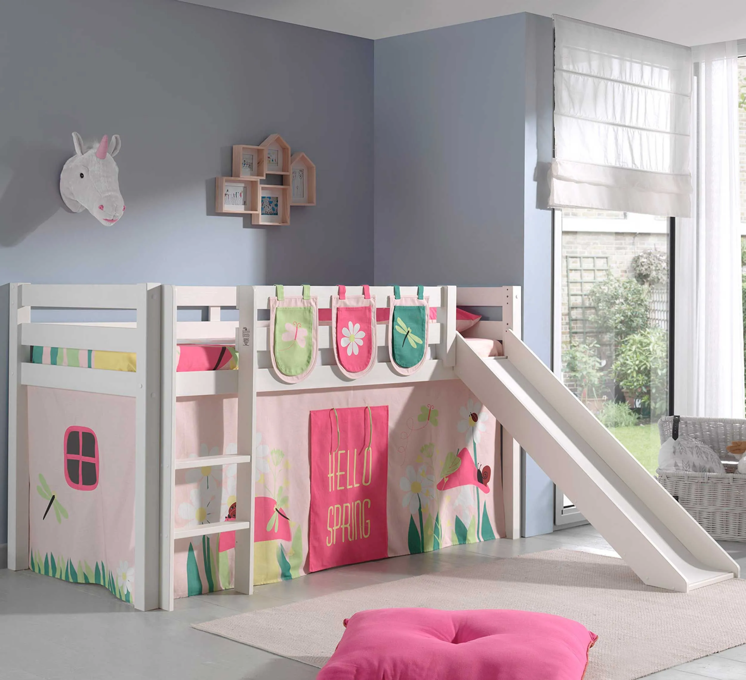 Lit mi-hauteur avec toboggan Astrid avec tente et sacs de rangement Spring - blanc