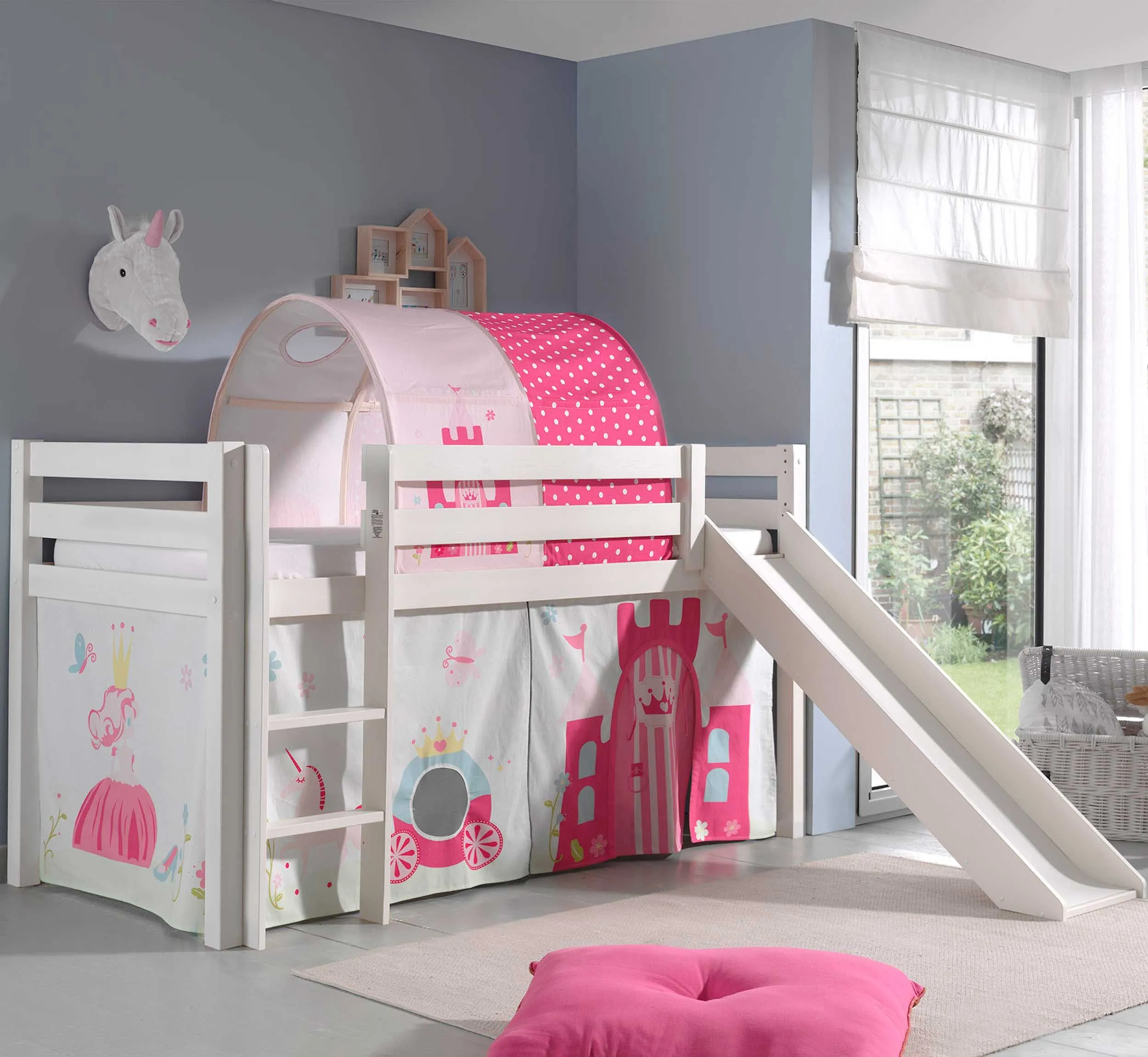 Lit mi-hauteur Astrid avec tente et tunnel de lit Princess II - blanc