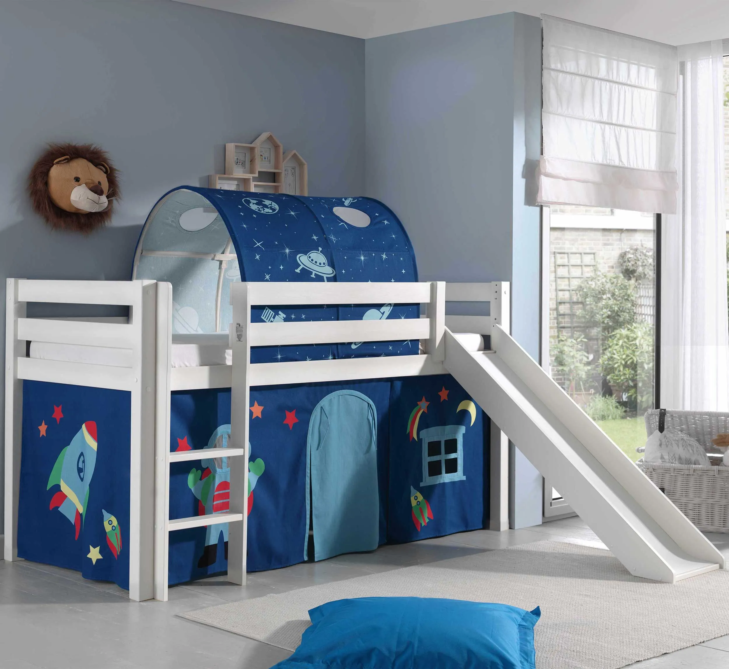 Lit mi-hauteur avec toboggan Astrid avec tente et tunnel de lit Astro - blanc