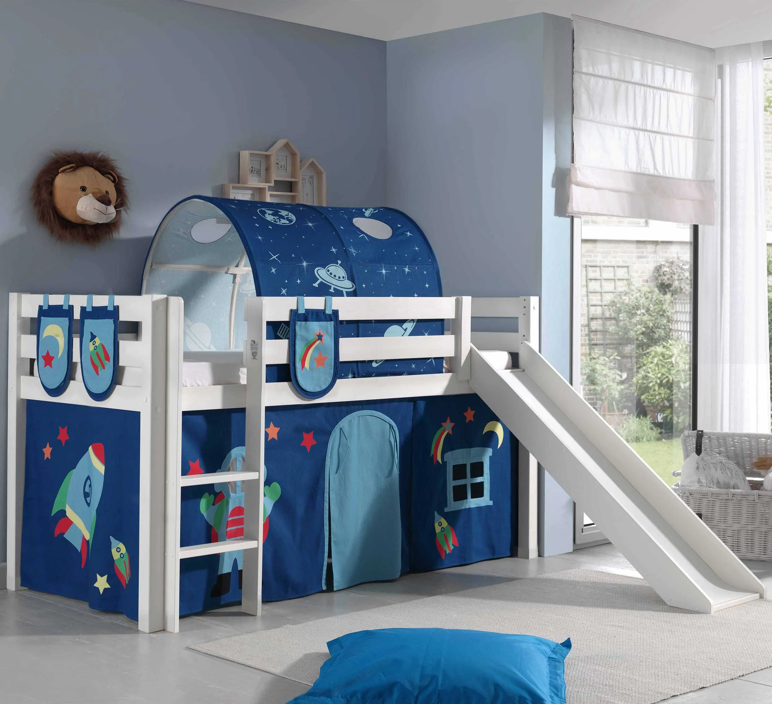 Lit mi-hauteur avec toboggan Astrid avec tente et tunnel de lit et sacs de rangement Astro - blanc