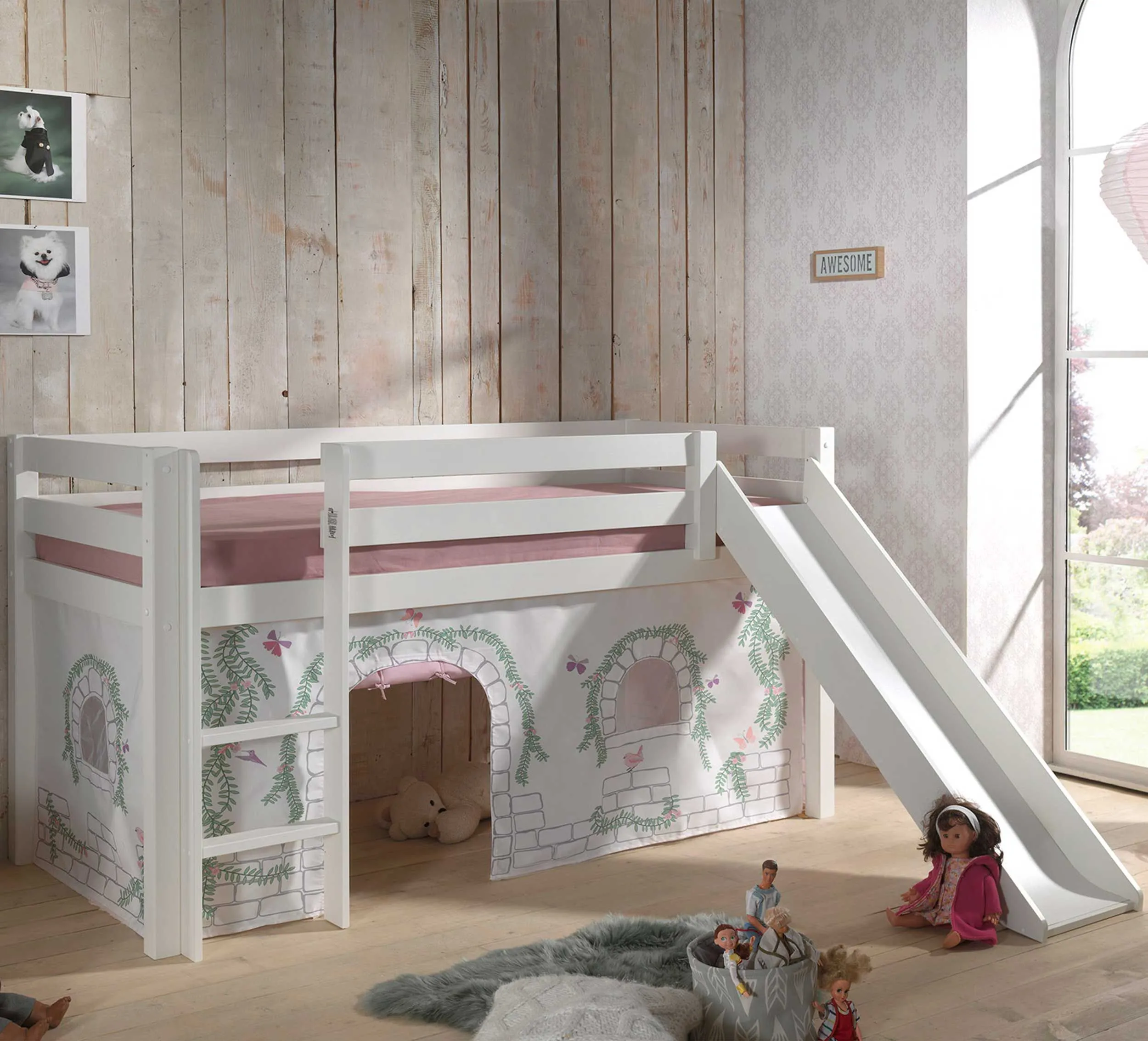 Lit mi-hauteur Astrid blanc avec toboggan - birdy