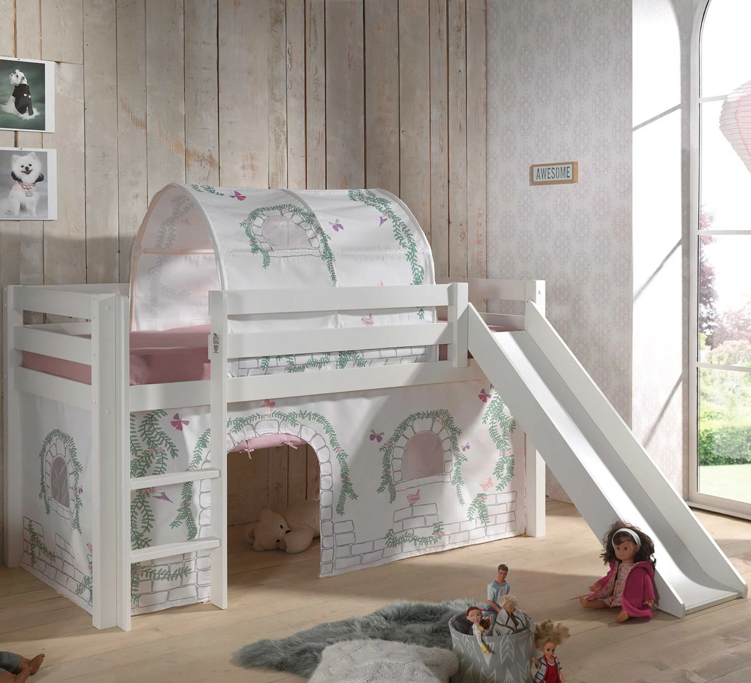 Lit mi-hauteur avec toboggan Astrid avec tente et tunnel de lit Birdy - blanc