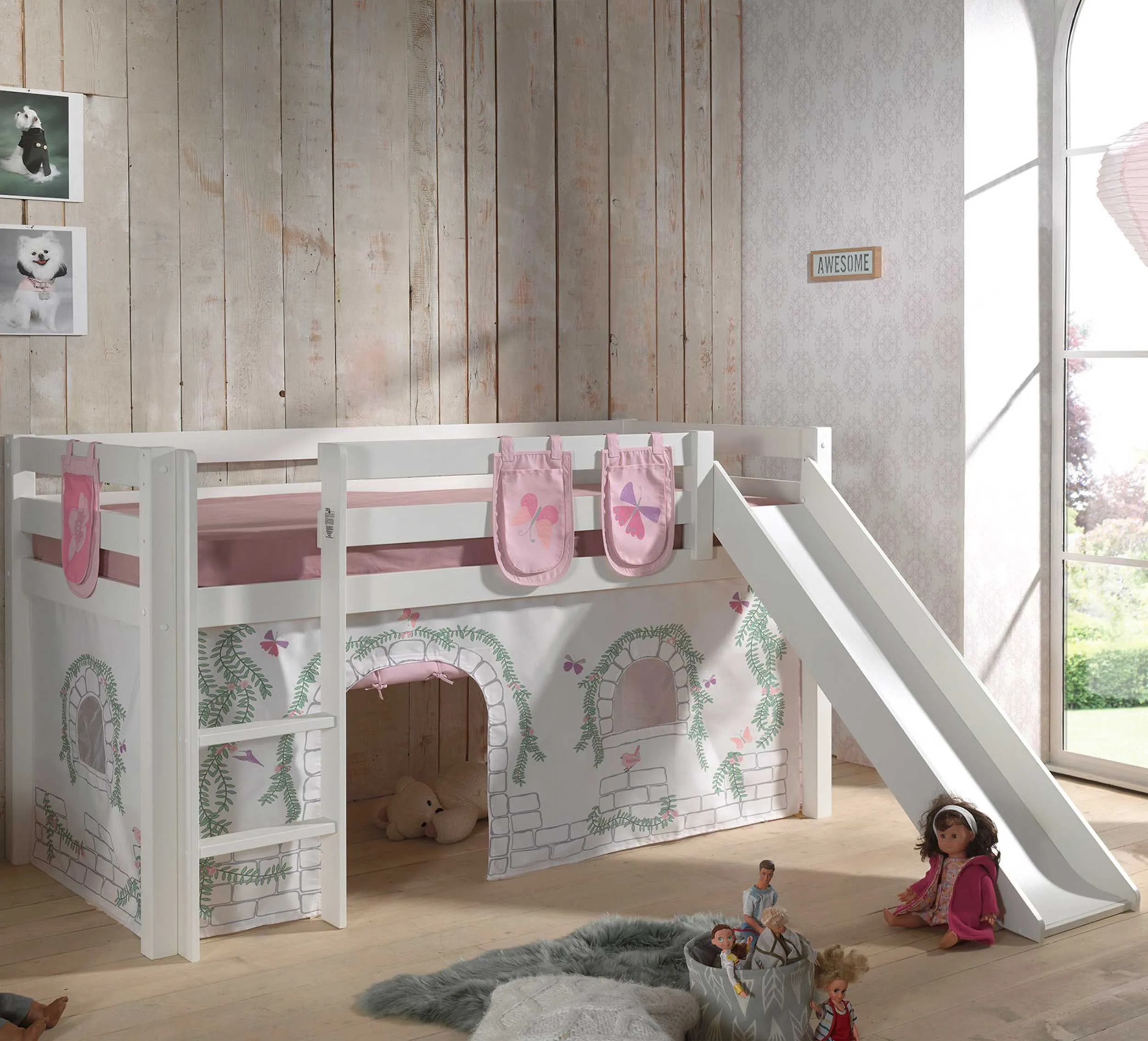 Lit mi-hauteur avec toboggan Astrid avec tente et sacs de rangement Birdy - blanc