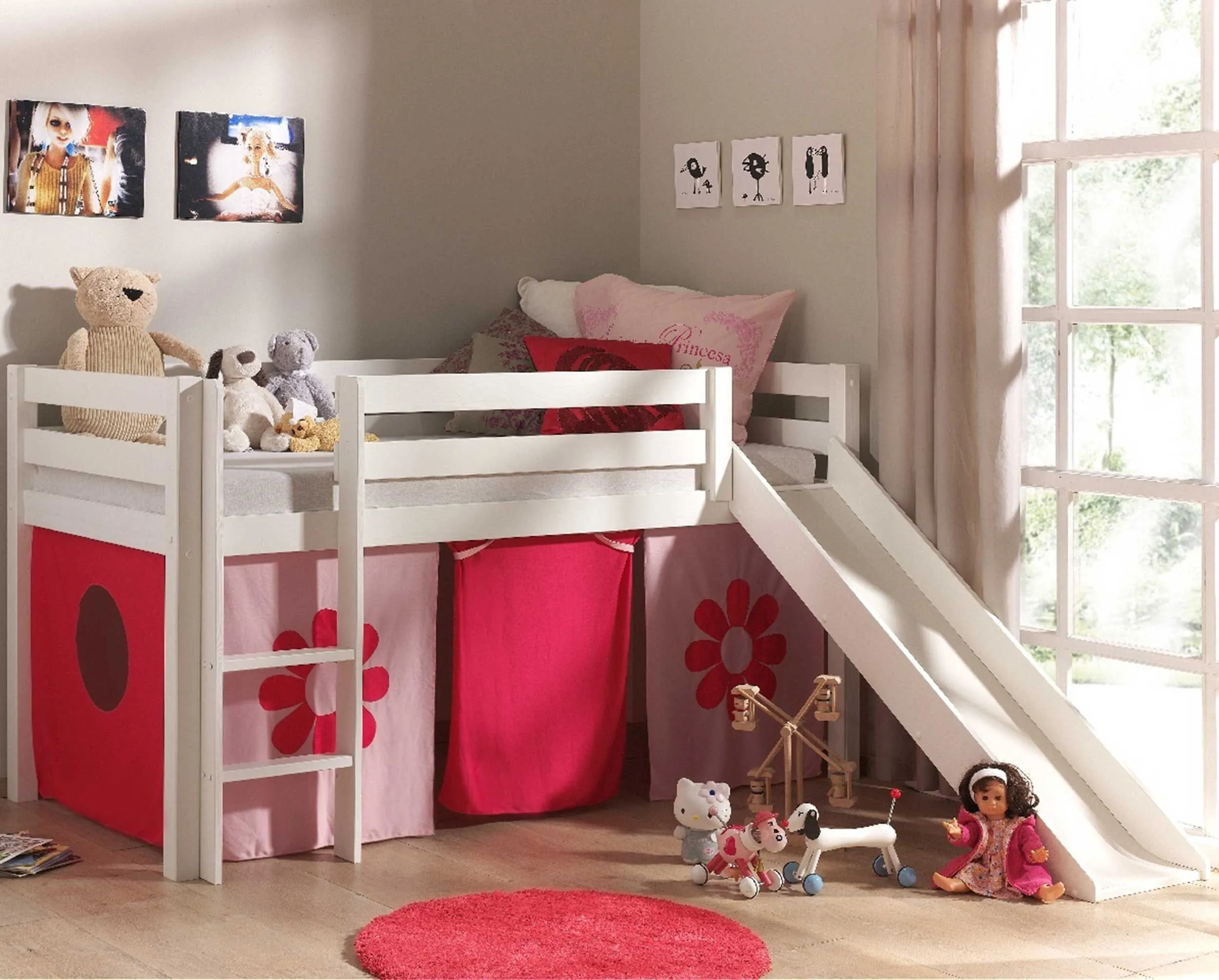 Lit mi-hauteur Astrid blanc avec toboggan - tente fleurs