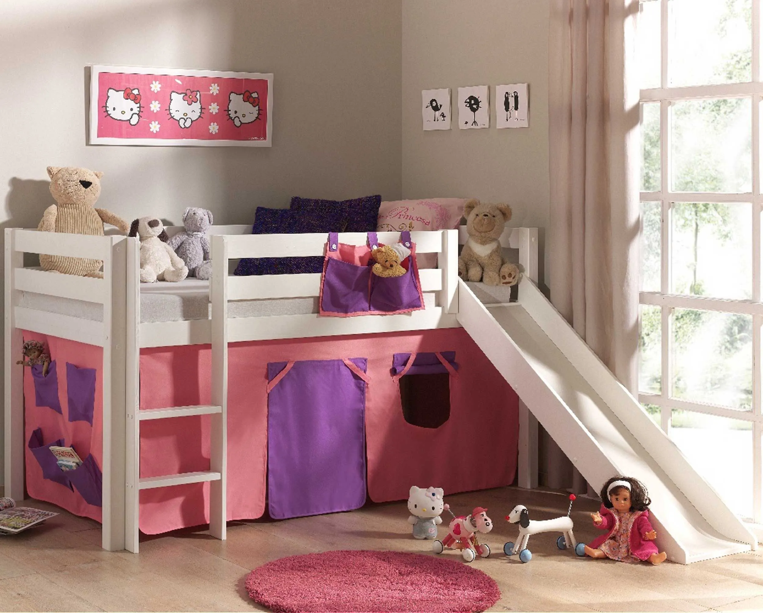 Lit mi-hauteur Astrid blanc avec toboggan - tente bella