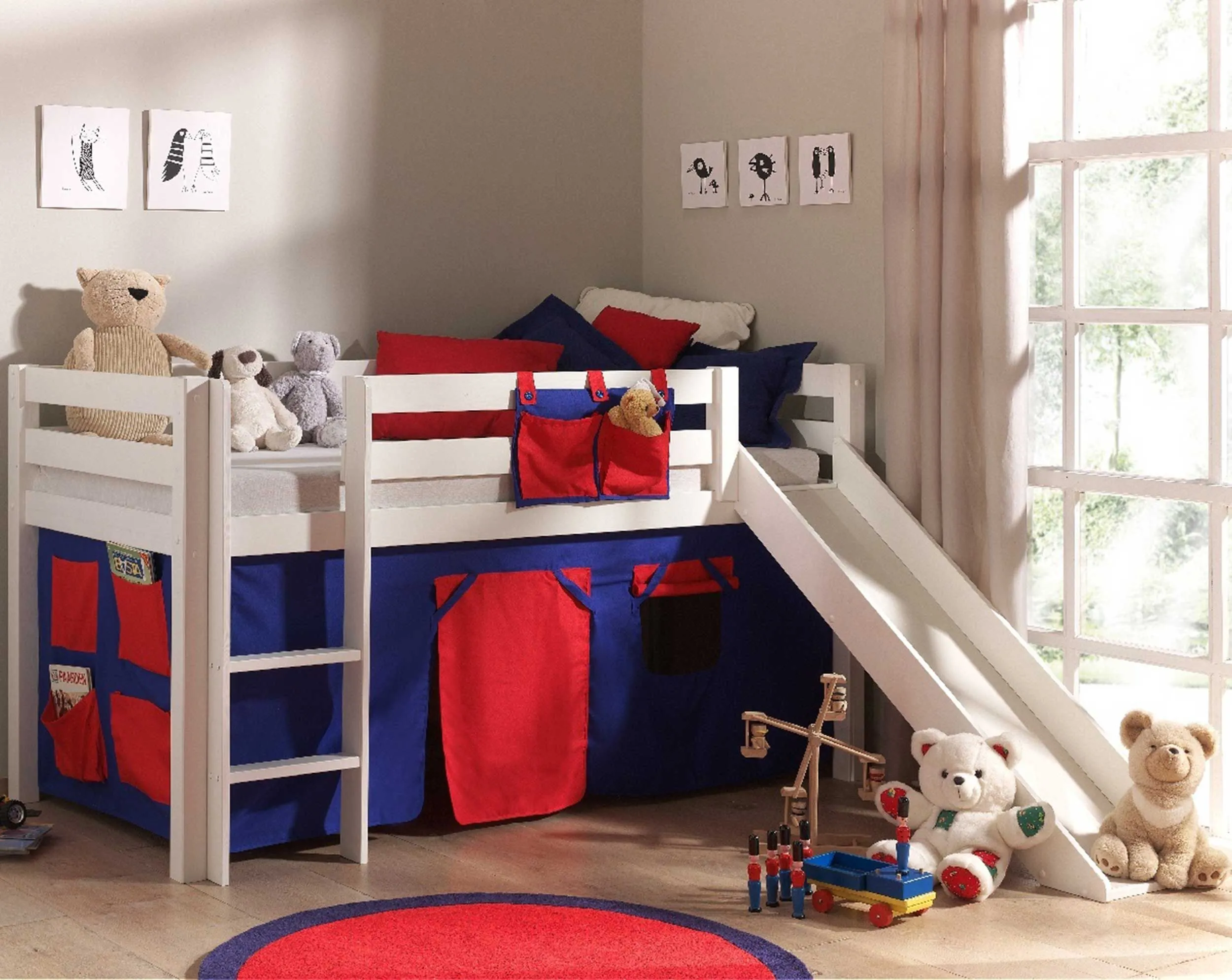 Lit mi-hauteur Astrid blanc avec toboggan - tente domino