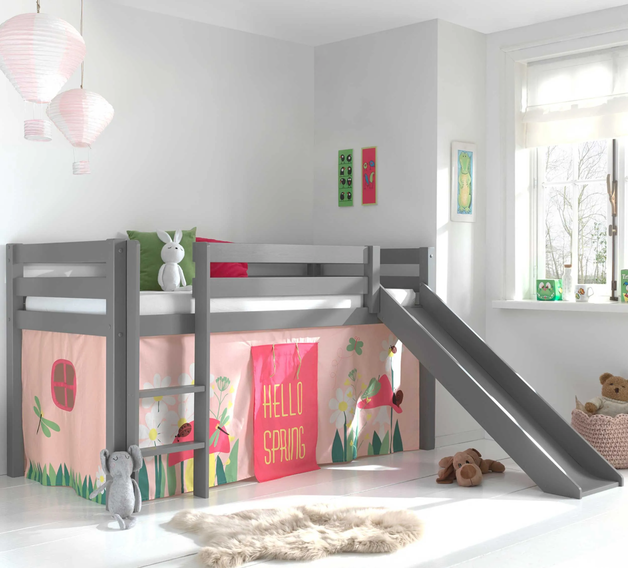 Lit mi-hauteur Astrid gris avec toboggan - spring